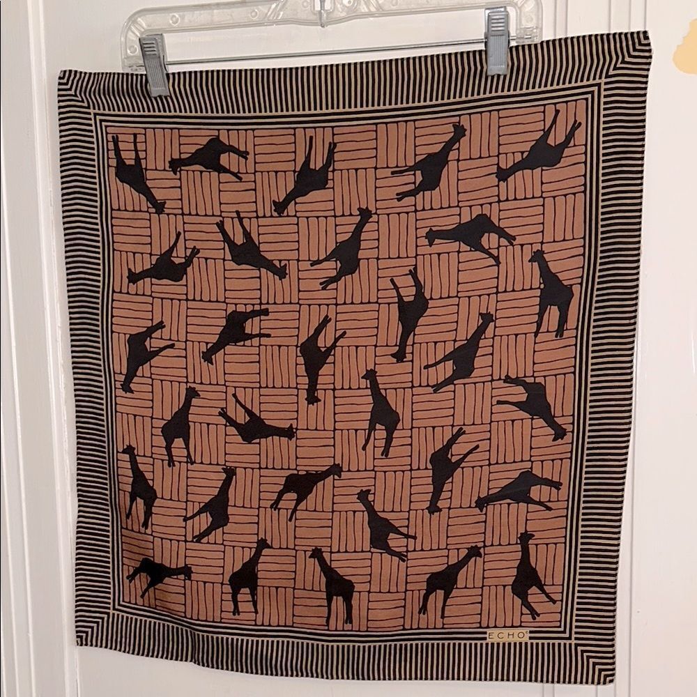 Vintage EchoβGiraffeβ Silhouette Silk Square Scarf in Black, Tan & Brown